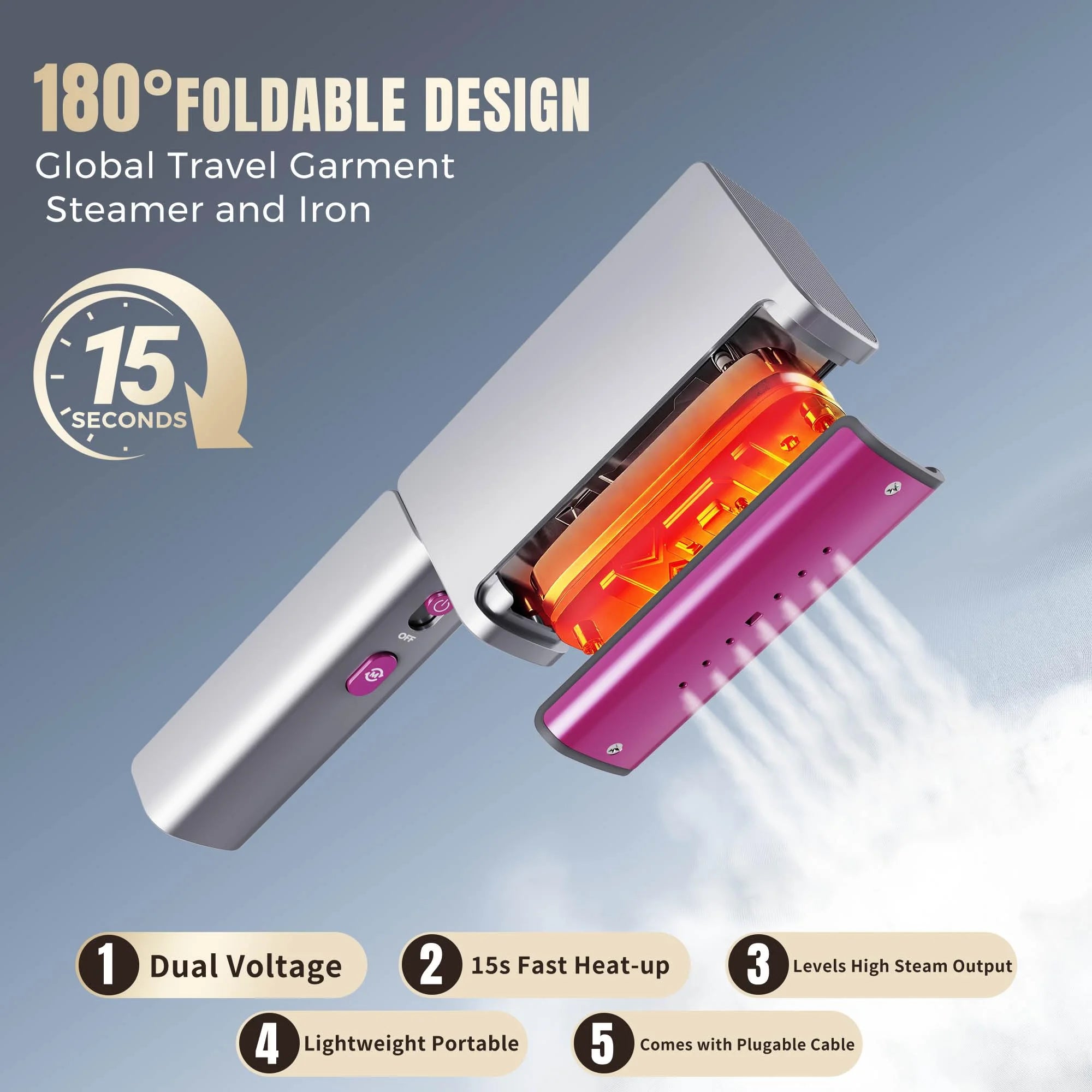 ELORTI - Plancha y vaporizador de ropa portátil plegable de 1200 W con doble voltaje para viajes, calentamiento rápido en 15 segundos y cable enchufable.