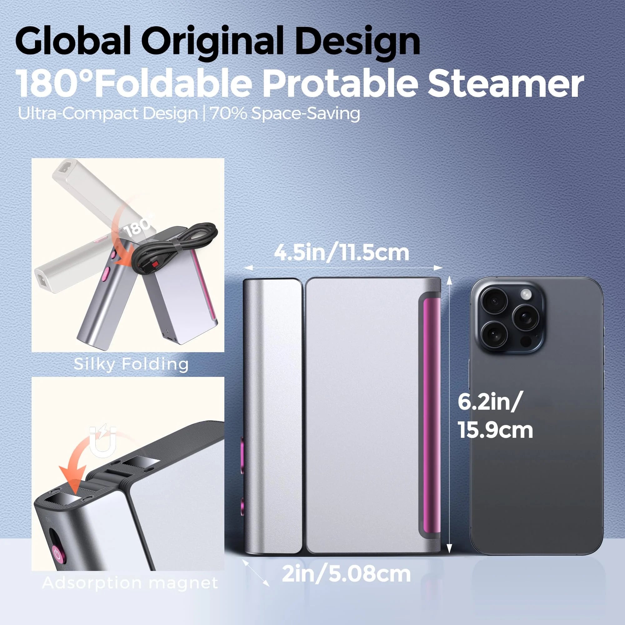 ELORTI - Plancha y vaporizador de ropa portátil plegable de 1200 W con doble voltaje para viajes, calentamiento rápido en 15 segundos y cable enchufable.